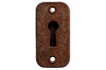 Rusty keyhole escutcheon plate, aged metal texture, vintage security detail, isolated on transparent background