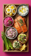 A gourmet brunch platter with smoked salmon, boiled eggs, and avocado toast. Vertical flat lay of a healthy appetizer board on a pink background