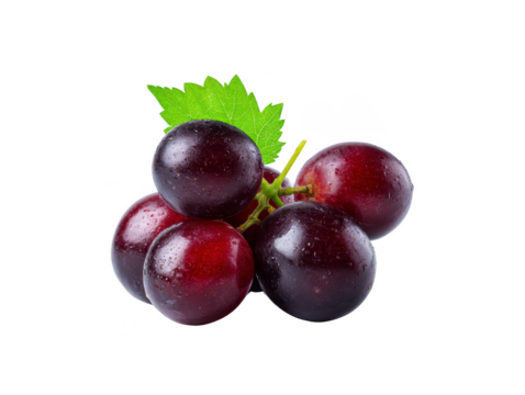 Fresh black grapes with green leaf, covered in water droplets, isolated on transparency background, showing juicy texture and vibrant color, perfect for healthy eating and natural food concepts - Powered by Adobe