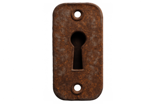 Rusty keyhole escutcheon plate, aged metal texture, vintage security detail, isolated on transparent background