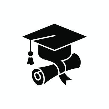 A minimalist black and white icon design featuring a graduation mortarboard cap with a tassel and a rolled diploma with a ribbon. Transparent background.