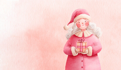 Watercolor Mrs Claus holding a present in pink palette with copy space, perfect for Christmas cards, festive invitations, holiday branding, or winter design projects.