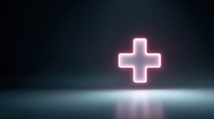 Fototapeta premium neon glowing medical cross sign floating in dark futuristic space