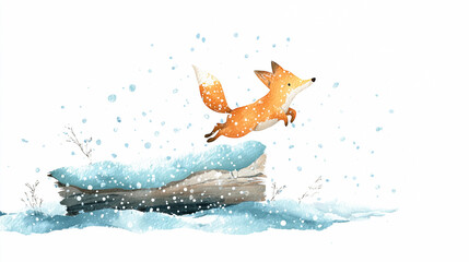 Watercolor illustration of a cute fox jumping in snow with snowflakes falling around, perfect for winter greeting cards, nursery prints, Christmas decor, or woodland design projects.