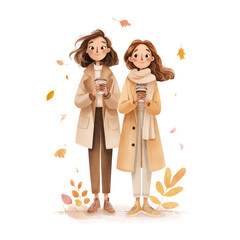 Smiling young women friends holding paper cups outdoors with autumn leaves swirling around them, isolated on white. Perfect for seasonal greeting cards, posters, or lifestyle illustrations.