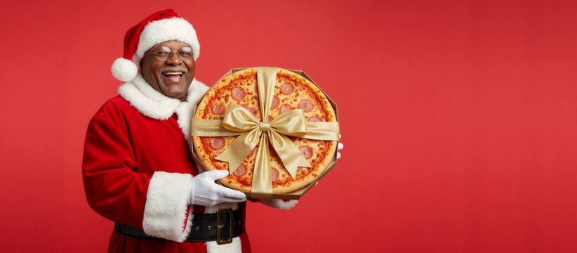 Cheerful Black Santa Claus holding a pizza as a Christmas gift. Happy senior man with a food delivery on a red background. Holiday banner with copy space for text