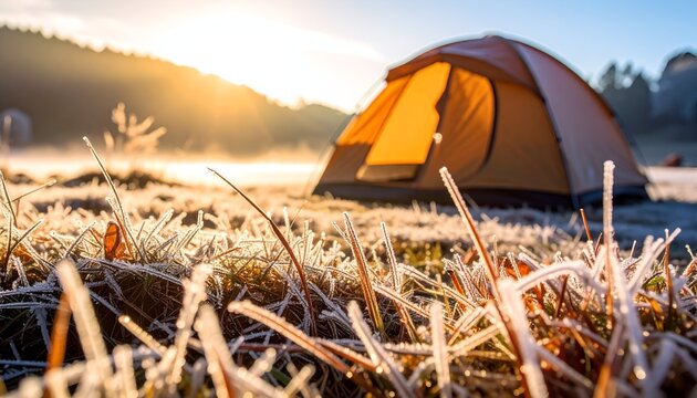 Frosty morning camping scene with a bright orange tent set against a sunlit forest backdrop