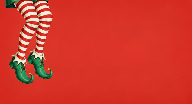 Christmas card with cartoon elf legs, elf shoes and a striped Christmas stocking on a red background with space for advertising text