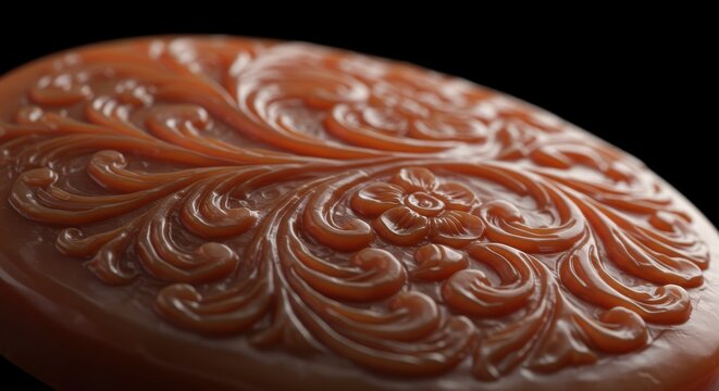 Intricate baroque relief carving displays smooth, lustrous, warm brown ornamentation against a dark background. - Powered by Adobe