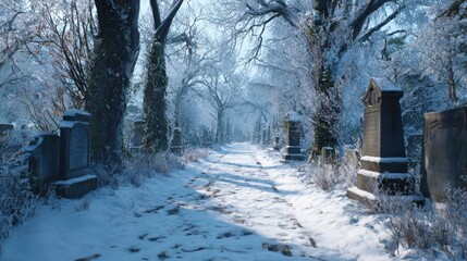 A snowy path through a cemetery with old headstones,