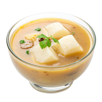 Homemade mondongo soup shots isolated on a clean white backdrop, a rustic and flavorful stew