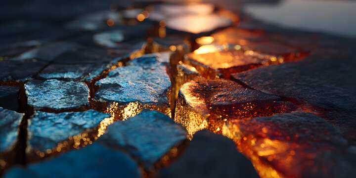 Cracked Earth: Revealing the fiery core beneath a cracked surface, symbolizing vulnerability and the forces of nature, The contrast of cool tones and glowing heat invites introspection.