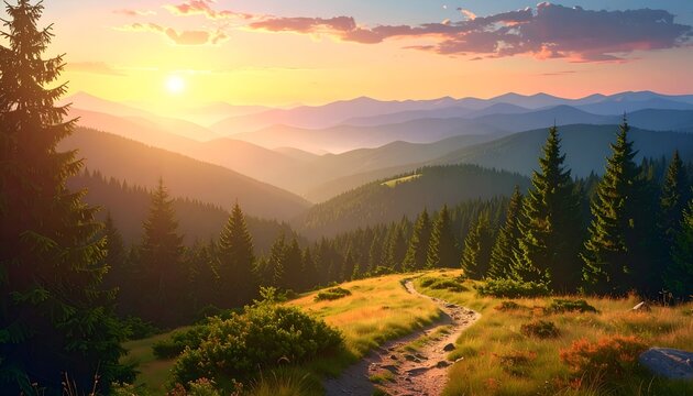 Serene sunset over rolling hills with lush forests and a winding path, evoking tranquility and nature's beauty