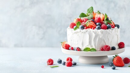 Delicious berry topped cake with whipped cream on display