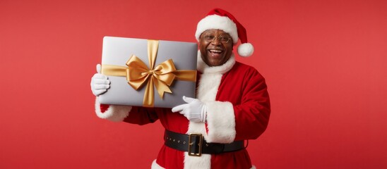 Cheerful Black man in a Santa Claus costume holding a laptop as a Christmas gift. Happy African American Santa smiling on a red background for a holiday sale. Banner with copy space