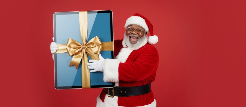 Happy Black Santa Claus holding a digital tablet as a Christmas gift. Joyful African American man with a modern tech present on a red background. Holiday sale and diversity concept with copy space