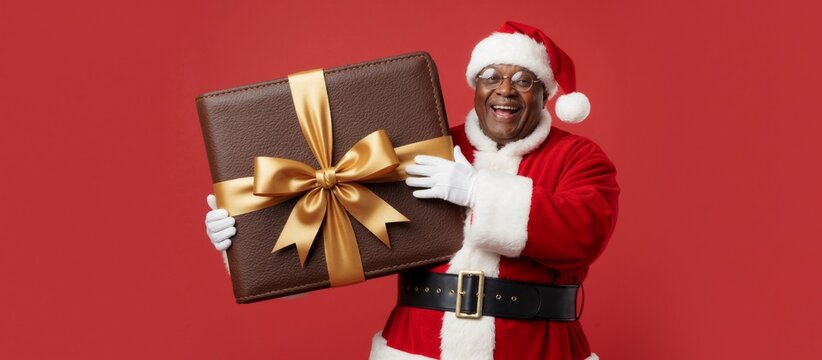 A cheerful Black man in a Santa Claus costume holds a large gift. Happy African American Santa smiling on a red background for the Christmas holiday - Powered by Adobe