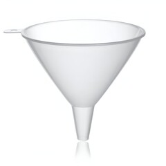 White plastic funnel on a clean surface, ideal for kitchen use, with empty background for easy focus