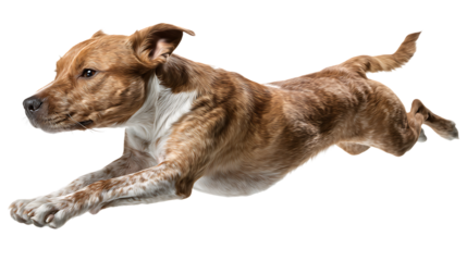 A brindle pit bull terrier dog running at full speed, isolated on transparent background