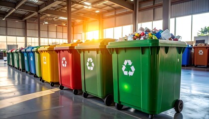 Colorful recycling bins lined up in a warehouse with sunlight streaming through large windows, promoting sustainability