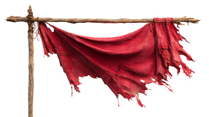 A tattered red cloth hanging on a wooden pole, isolated on transparent background