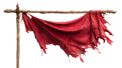 A tattered red cloth hanging on a wooden pole, isolated on transparent background