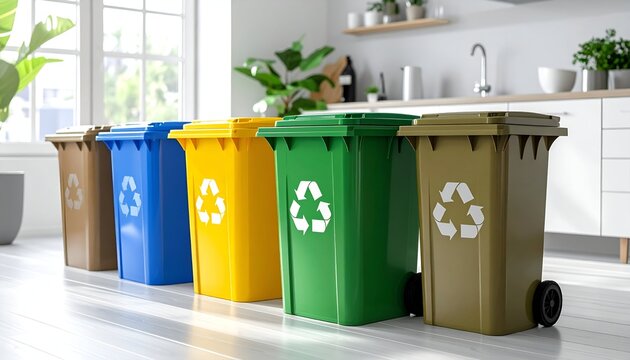 Colorful recycling bins arranged in a modern kitchen, promoting eco-friendly waste management practices
