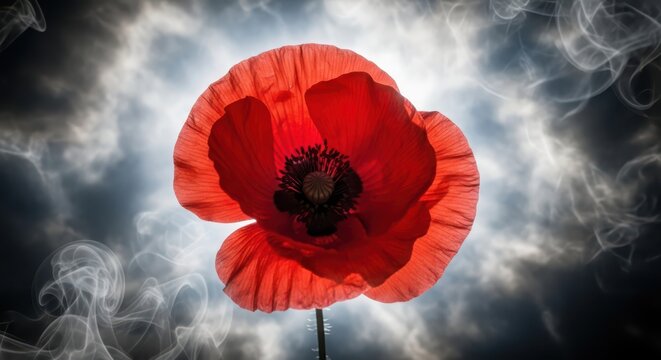 A single red poppy flower is illuminated against a dramatic, stormy sky with wisps of smoke, representing remembrance and solemnity