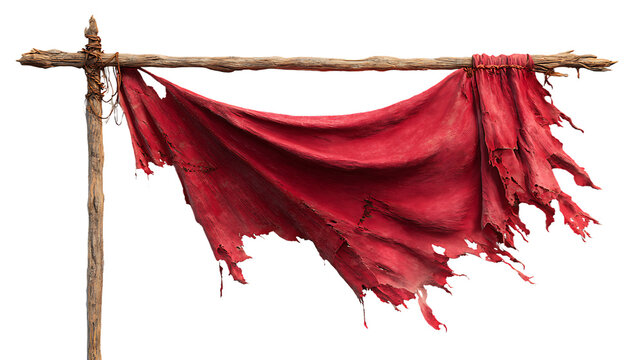 A tattered red cloth hanging on a wooden pole, isolated on transparent background