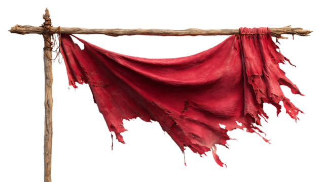 A tattered red cloth hanging on a wooden pole, isolated on transparent background