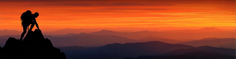 Obraz premium Mountain Climber Reaches Summit at Sunrise, Symbolizing Success and Perseverance Against Obstacles