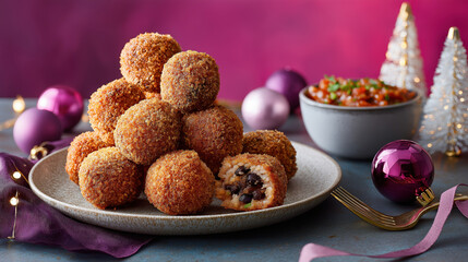Festive Christmas appetizer of deep-fried arancini rice balls with black beans. Holiday party food on a platter with festive purple decorations and salsa dip