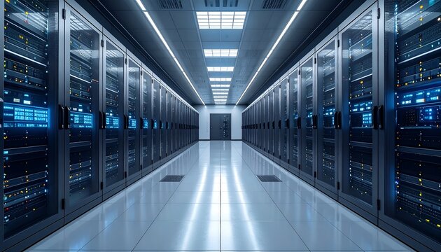 Modern data center with rows of servers, illuminated by blue lights, showcasing advanced technology