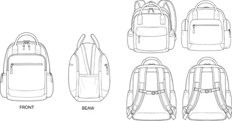 Professional technical line drawing of stylish backpack design showing front, back, and side views for fashion accessory design reference