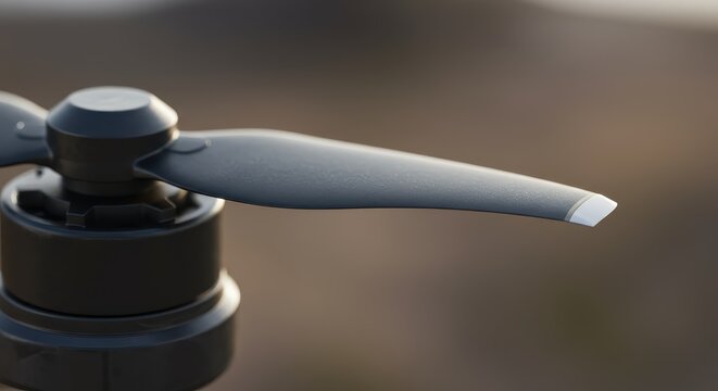 Close up view of an unmoving aerial vehicle propeller blade attached to its motor housing