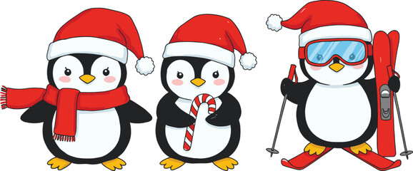 Cute cartoon penguins in Christmas costumes, Santa hats, candy cane, skiing gear, festive holiday illustration, winter celebration, cad drawing flat vector illustration