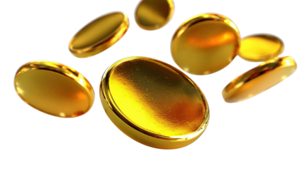 Golden Coins Cascade: An array of lustrous golden coins float in mid-air, their surfaces gleaming with reflected light, embodying wealth, value, and prosperity.