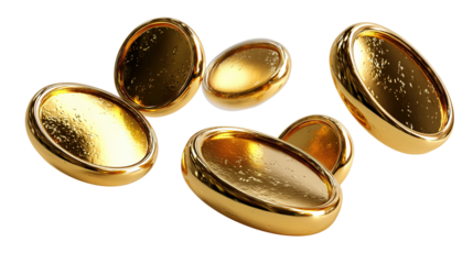 Golden Treasures: Gleaming gold coins cascade, evoking wealth and prosperity. The exquisite shine captures the eye.