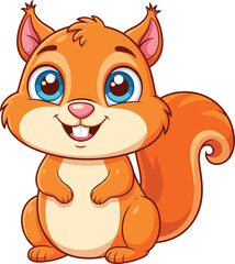 Cute cartoon squirrel character, orange fur, big blue eyes, smiling animal mascot, children illustration, vector art, playful design, educational media © Nusaiba's World