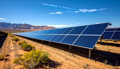 Expansive solar panel array under a clear blue sky in a desert landscape with mountains in the background