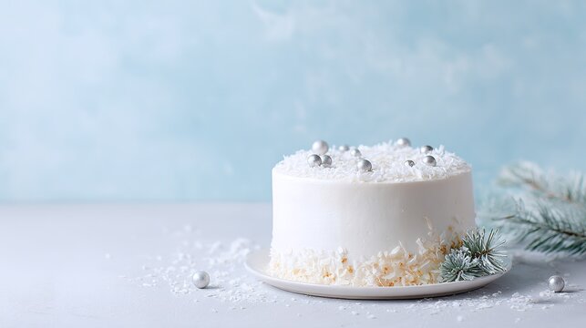 Elegant winter-themed coconut cake with frosted decor and silver accents on white plate