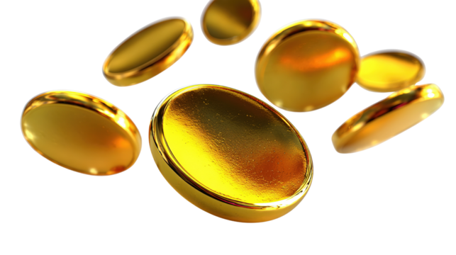 Golden Coins Cascade: An array of lustrous golden coins float in mid-air, their surfaces gleaming with reflected light, embodying wealth, value, and prosperity.