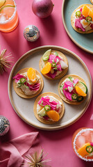 Festive holiday appetizers and cocktails for a party. Colorful tostadas with radish and orange on a pink background. Top view flat lay