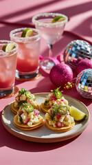 Ceviche tostada appetizers and pink cocktails on a festive pink background. Vertical photo of modern Mexican food for a party with disco ball decorations.