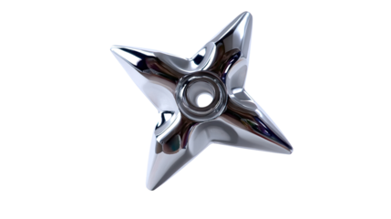Shuriken - Metallic Star: A striking chrome shuriken, a traditional Japanese throwing star, gleams with sharp angles and a polished surface. Its minimalist design is both functional and captivating.