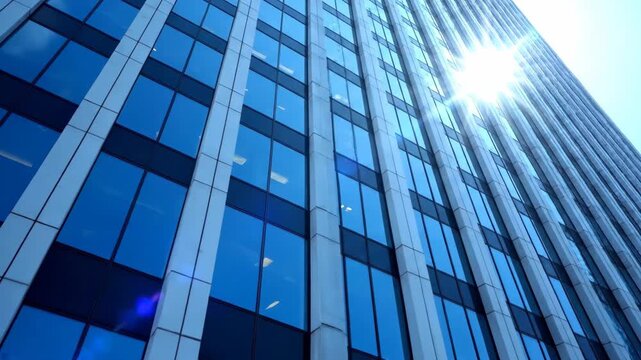 Sunlight reflecting off modern glass skyscraper facade in urban setting.