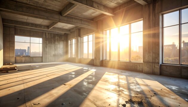 Bright sunrise illuminating an empty industrial space with large windows and dusty floor, showcasing urban backdrop