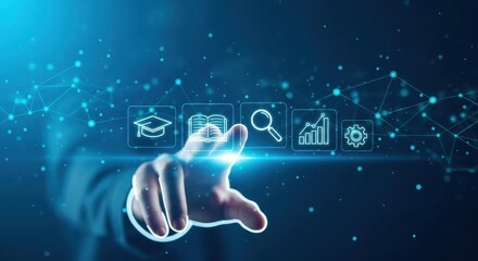 Hand touching a digital interface with icons of education and data analysis