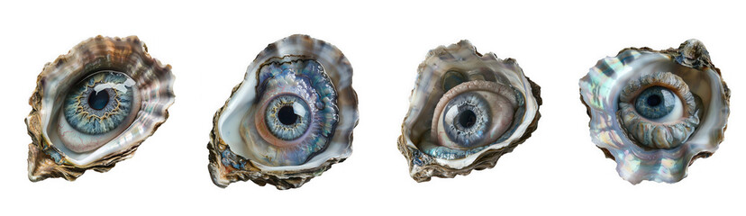 Four oysters with iridescent blue eyes inside, isolated on transparent background