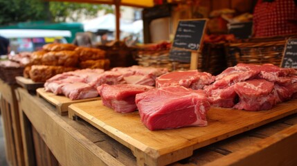 Fresh Cuts of Meat Displayed on a Wooden Stall at a Vibrant Outdoor Market, Showcasing Various Cuts and Textures in Bright Natural Lighting